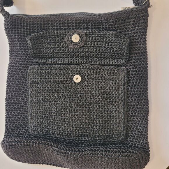 THE SAK Black Crochet Long Crossbody Strap Shoulder Zip Purse Goth Boho Festival - Picture 4 of 5